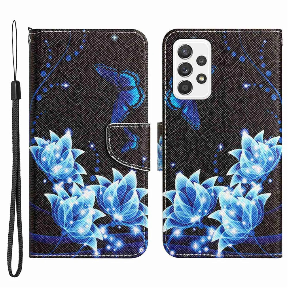 Stand Wallet Case for Samsung Galaxy A53 5G, Cross Texture PU Leather Pattern Printing Folio Flip Phone Cover - Blue Butterfly - 1