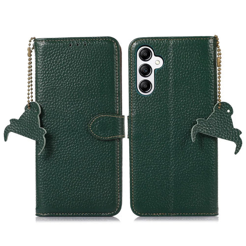 For Samsung Galaxy S24 FE Case RFID Blocking Genuine Cow Leather Phone Cover - Green - 1