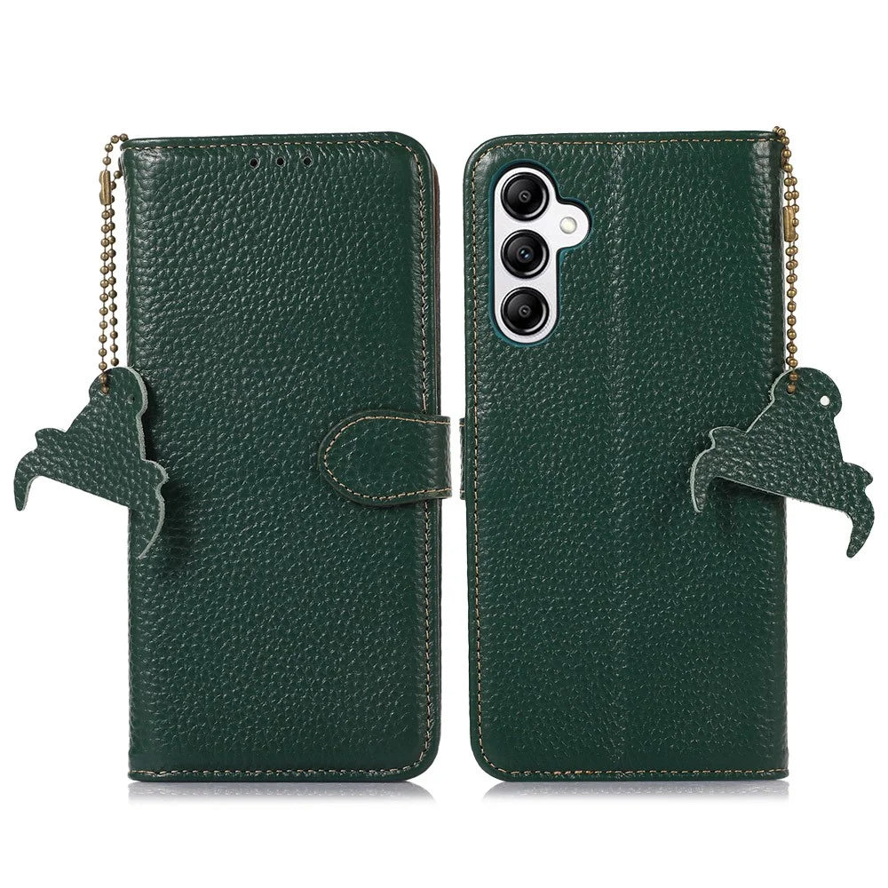 For Samsung Galaxy S24 FE Case RFID Blocking Genuine Cow Leather Phone Cover - Green - 1
