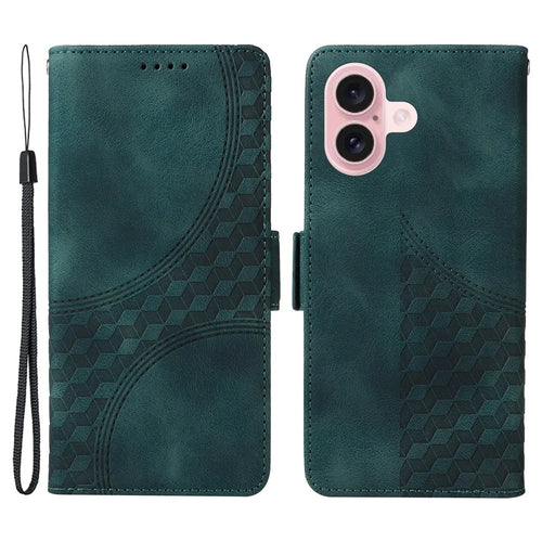 For iPhone 16 Leather Cases Wallet Rhombus Imprinted Phone Cover Stand with Strap - Green - 1