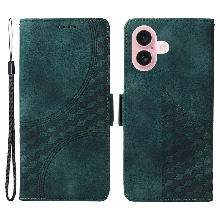 For iPhone 16 Leather Cases Wallet Rhombus Imprinted Phone Cover Stand with Strap - Green - 1