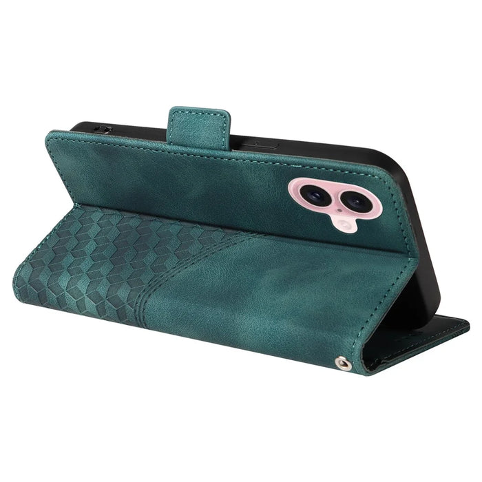 For iPhone 16 Leather Cases Wallet Rhombus Imprinted Phone Cover Stand with Strap - Green - 4