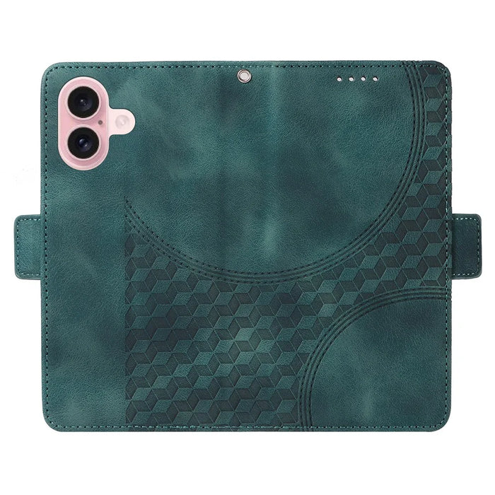 For iPhone 16 Leather Cases Wallet Rhombus Imprinted Phone Cover Stand with Strap - Green - 5