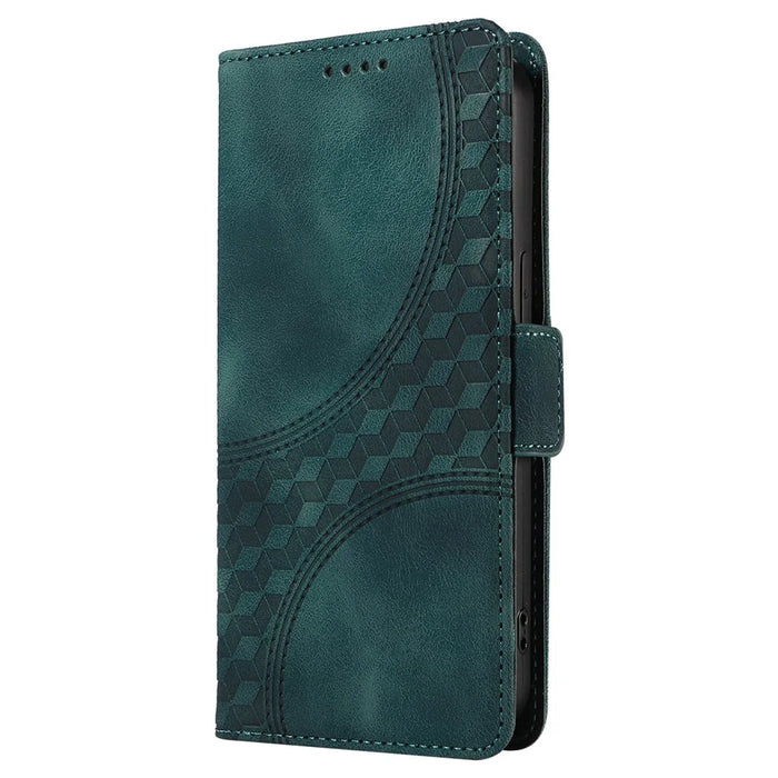 For iPhone 16 Leather Cases Wallet Rhombus Imprinted Phone Cover Stand with Strap - Green - 6