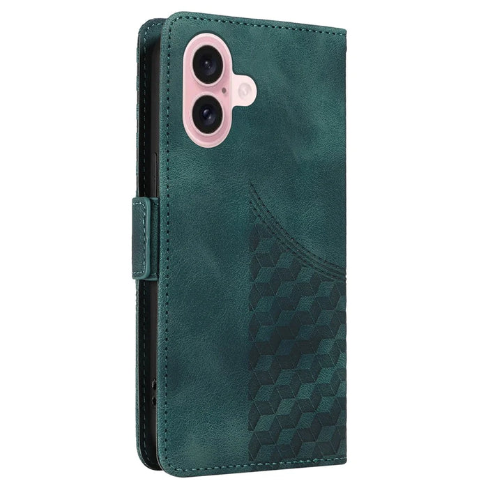 For iPhone 16 Leather Cases Wallet Rhombus Imprinted Phone Cover Stand with Strap - Green - 7
