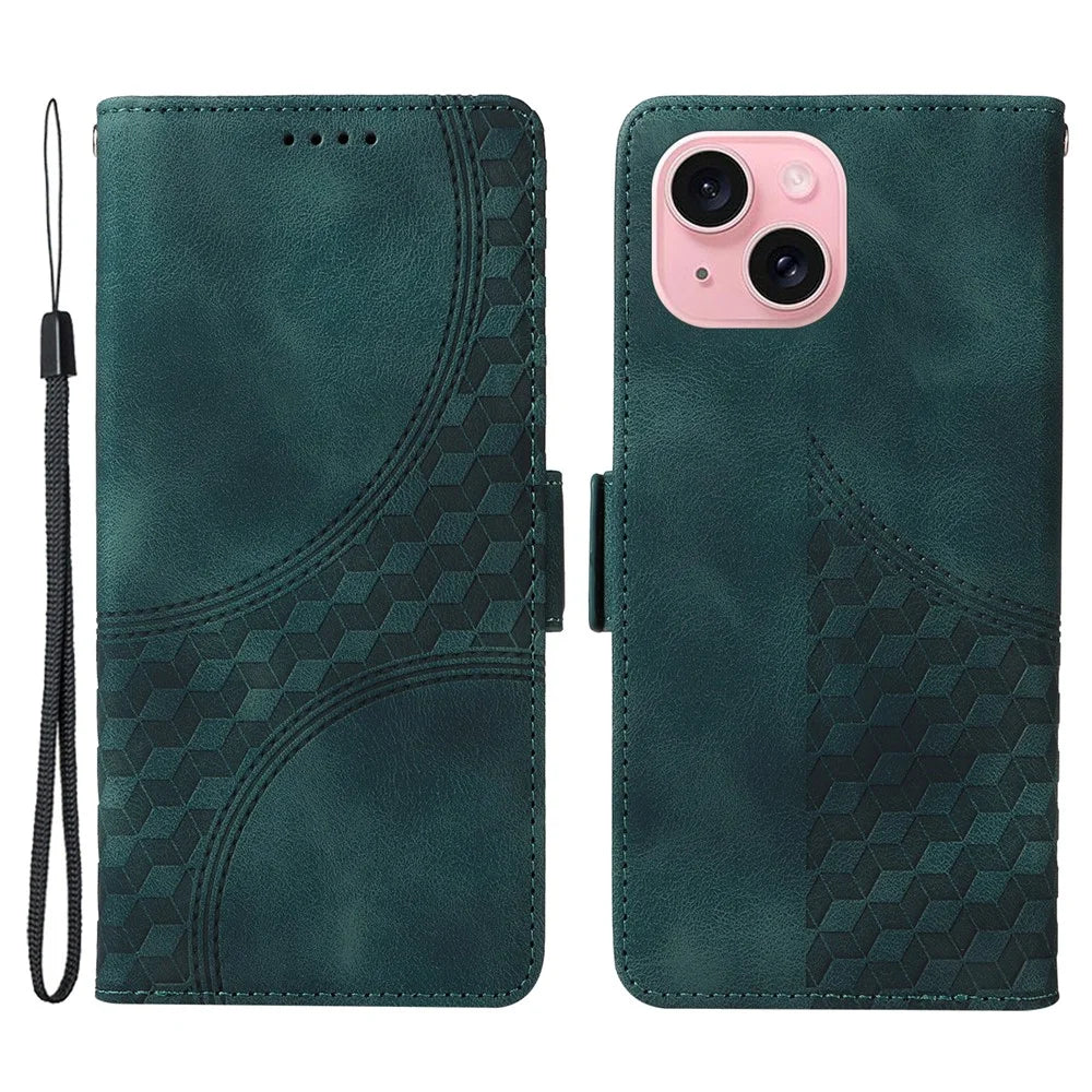 For iPhone 15 Leather Cases Wallet Rhombus Imprinted Phone Cover Stand with Strap - Green - 1
