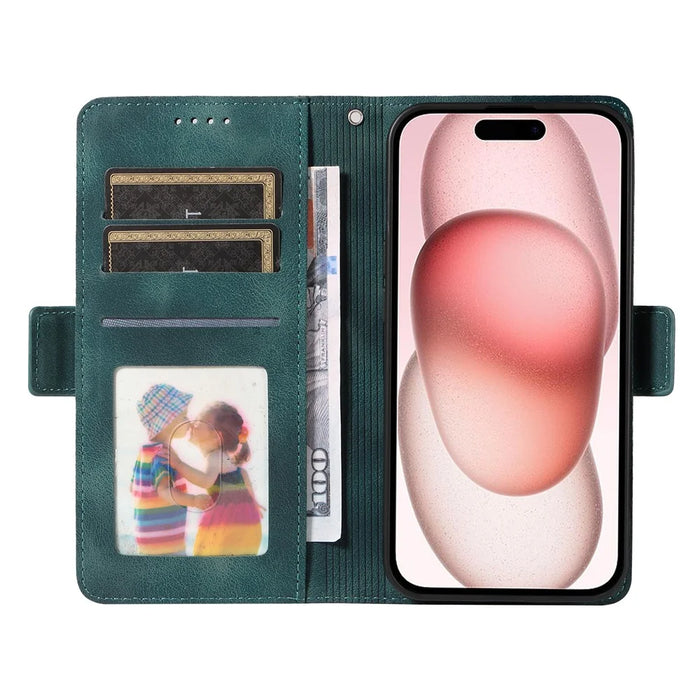 For iPhone 15 Leather Cases Wallet Rhombus Imprinted Phone Cover Stand with Strap - Green - 2