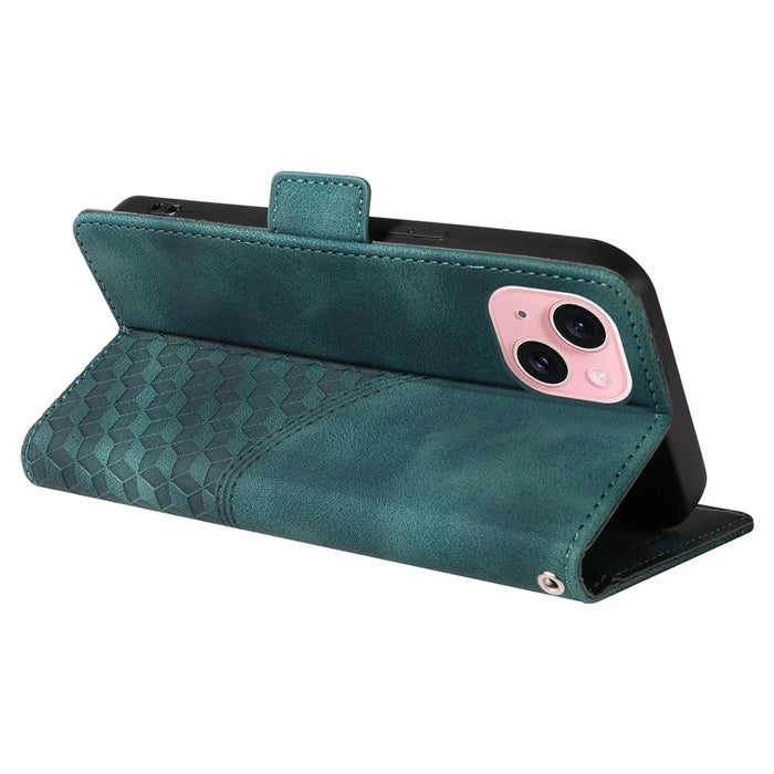 For iPhone 15 Leather Cases Wallet Rhombus Imprinted Phone Cover Stand with Strap - Green - 4