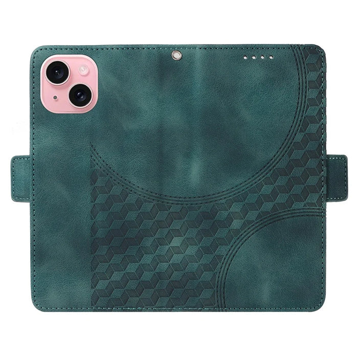 For iPhone 15 Leather Cases Wallet Rhombus Imprinted Phone Cover Stand with Strap - Green - 5