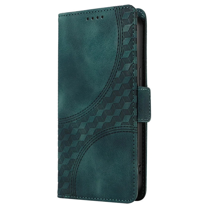 For iPhone 15 Leather Cases Wallet Rhombus Imprinted Phone Cover Stand with Strap - Green - 6