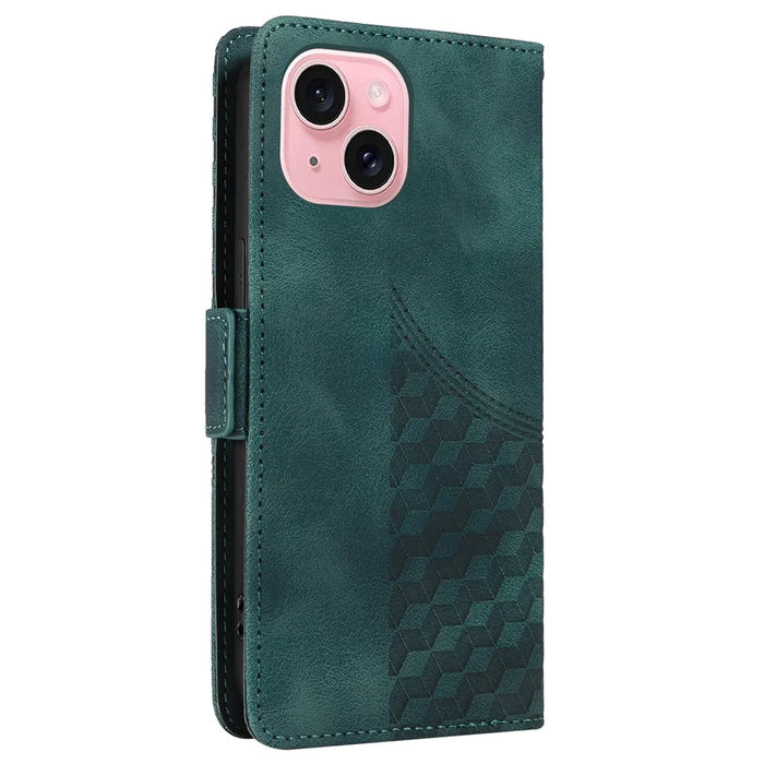 For iPhone 15 Leather Cases Wallet Rhombus Imprinted Phone Cover Stand with Strap - Green - 7