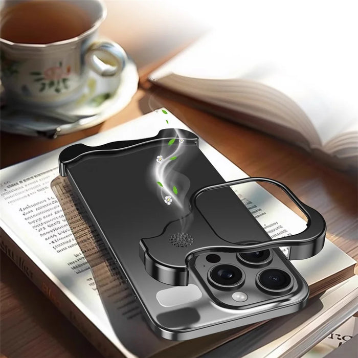 For iPhone 14 Pro Frameless Metal Case Phone Bumper Cover with Aromatherapy Tablet - Black - 3