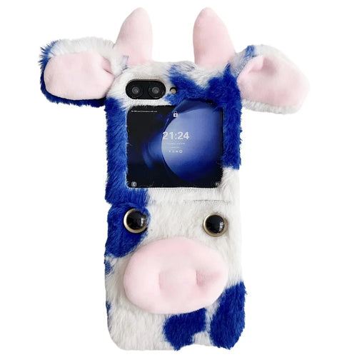 Acrylic Folding Phone Case for Samsung Galaxy Z Flip7 FE 5G / Z Flip6 5G Fluffy Cows Ear Cover - Blue - 1