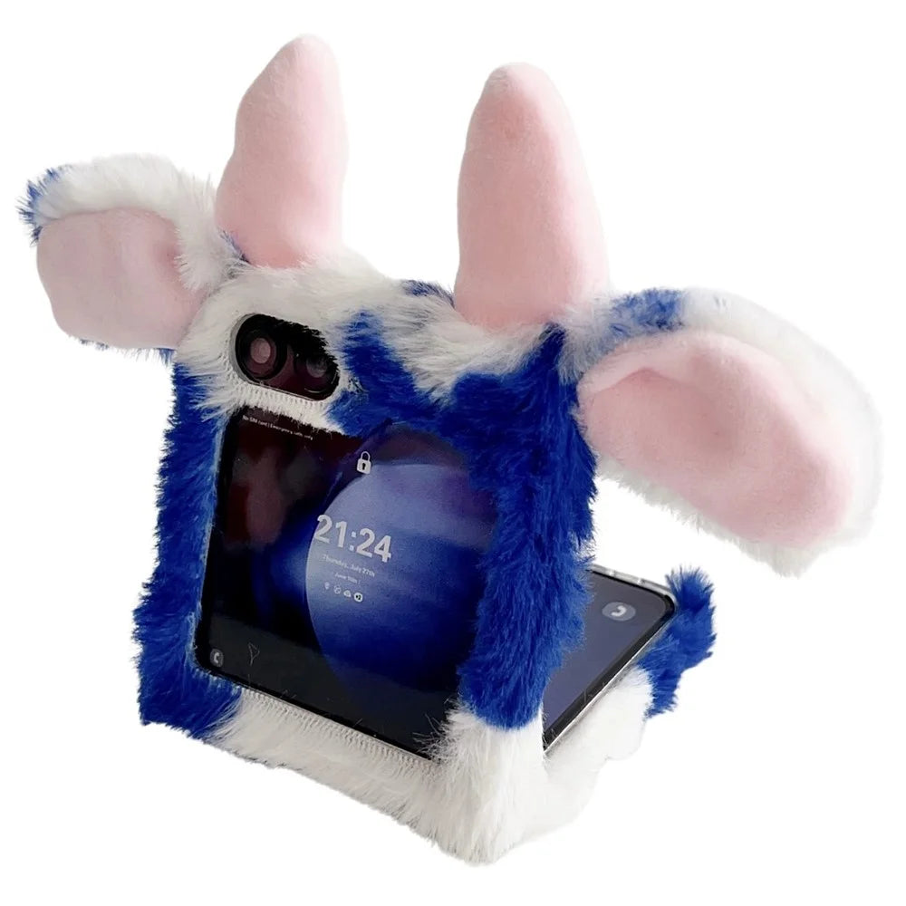 Acrylic Folding Phone Case for Samsung Galaxy Z Flip7 FE 5G / Z Flip6 5G Fluffy Cows Ear Cover - Blue - 2