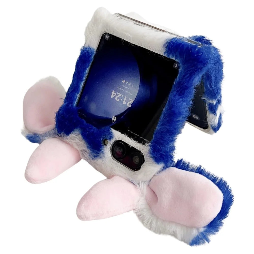 Acrylic Folding Phone Case for Samsung Galaxy Z Flip7 FE 5G / Z Flip6 5G Fluffy Cows Ear Cover - Blue - 3