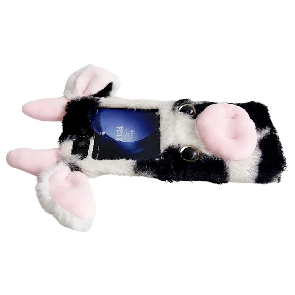 Acrylic Folding Phone Case for Samsung Galaxy Z Flip7 FE 5G / Z Flip6 5G Fluffy Cows Ear Cover - Blue - 5