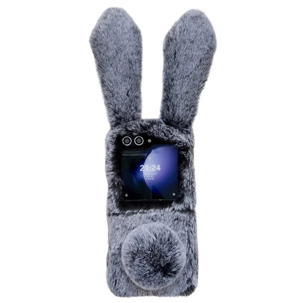 Folding Phone Case for Samsung Galaxy Z Flip7 FE 5G / Z Flip6 5G Fluffy Rabbit Ears Acrylic Cover - Blue - 1