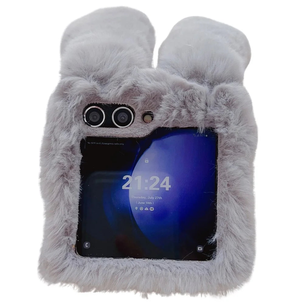 Folding Phone Case for Samsung Galaxy Z Flip7 FE 5G / Z Flip6 5G Fluffy Rabbit Ears Acrylic Cover - Blue - 5