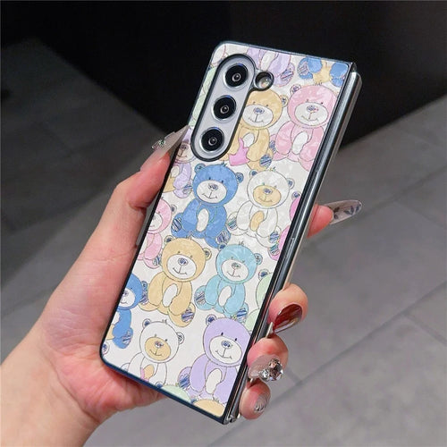 For Samsung Galaxy Z Fold6 5G Case Lacquered Pattern PU Leather PC Phone Cover - Bears - 1