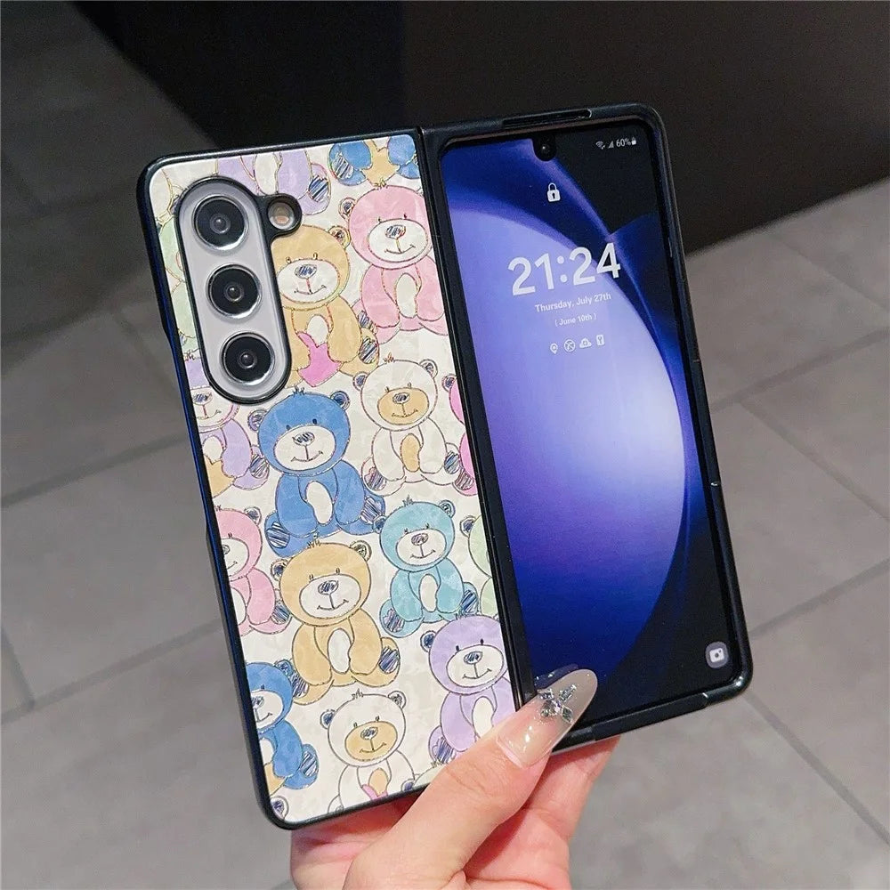 For Samsung Galaxy Z Fold6 5G Case Lacquered Pattern PU Leather PC Phone Cover - Bears - 2