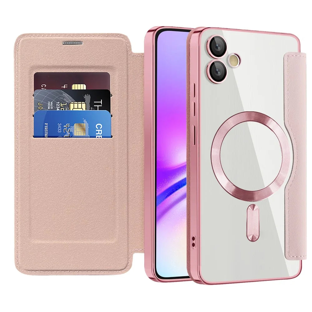 For Samsung Galaxy A05 4G Magnetic Case RFID Blocking Card Holder PU Leather Phone Cover - Pink - 2
