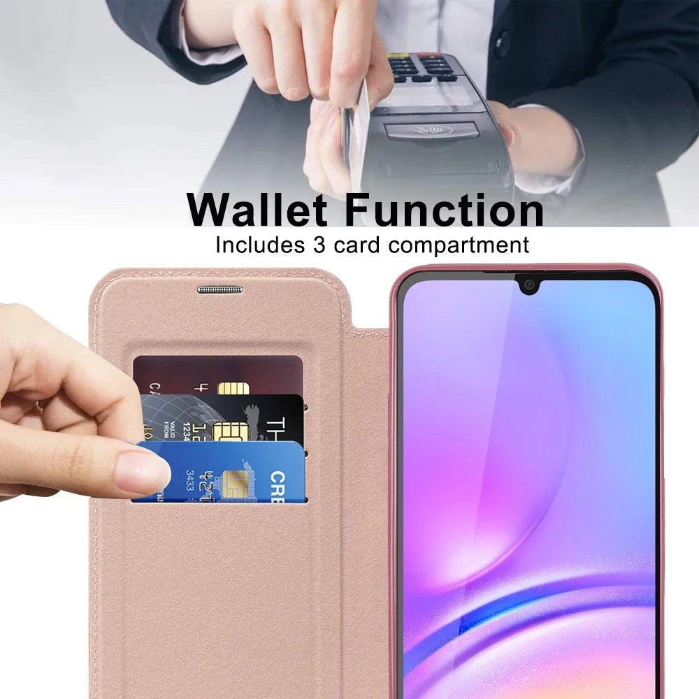For Samsung Galaxy A05 4G Magnetic Case RFID Blocking Card Holder PU Leather Phone Cover - Pink - 3