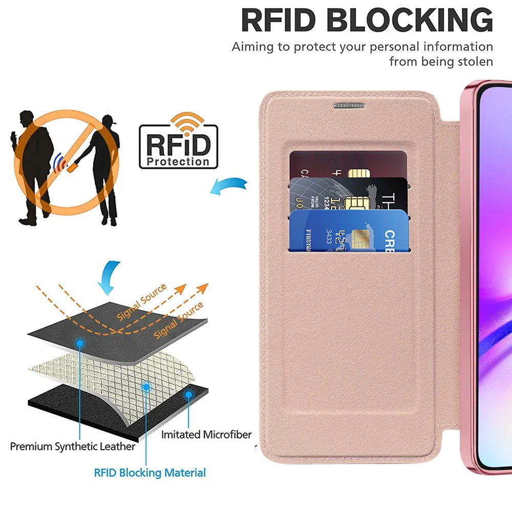 For Samsung Galaxy A05 4G Magnetic Case RFID Blocking Card Holder PU Leather Phone Cover - Pink - 5