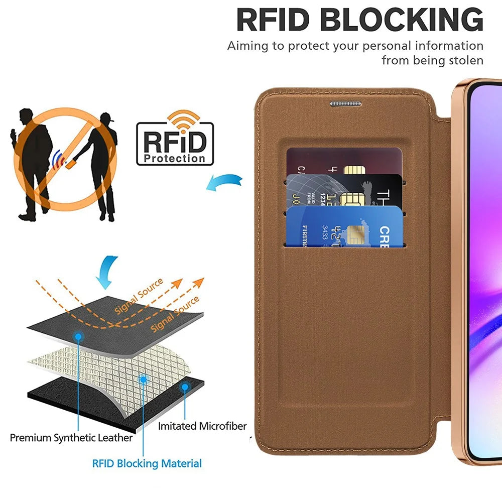 For Samsung Galaxy A05s 4G Case Card Slots Anti-Drop Leather Phone Cover Magnetic Case - Brown - 5