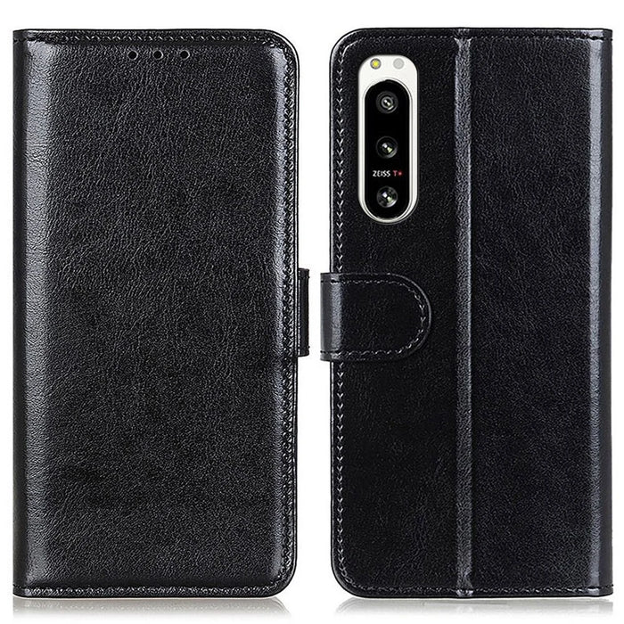 For Sony Xperia 5 IV 5G Flip Phone Case Crazy Horse Texture Wallet Stand Leather Phone Shell - Black - 1