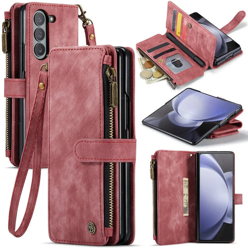 For Samsung Galaxy Z Fold6 5G Phone Cases with Strap CASEME C30 Zipper Multiple Card Holder PU Leather Cover - Red - 1