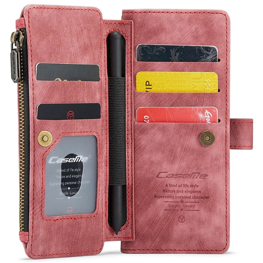 For Samsung Galaxy Z Fold6 5G Phone Cases with Strap CASEME C30 Zipper Multiple Card Holder PU Leather Cover - Red - 2