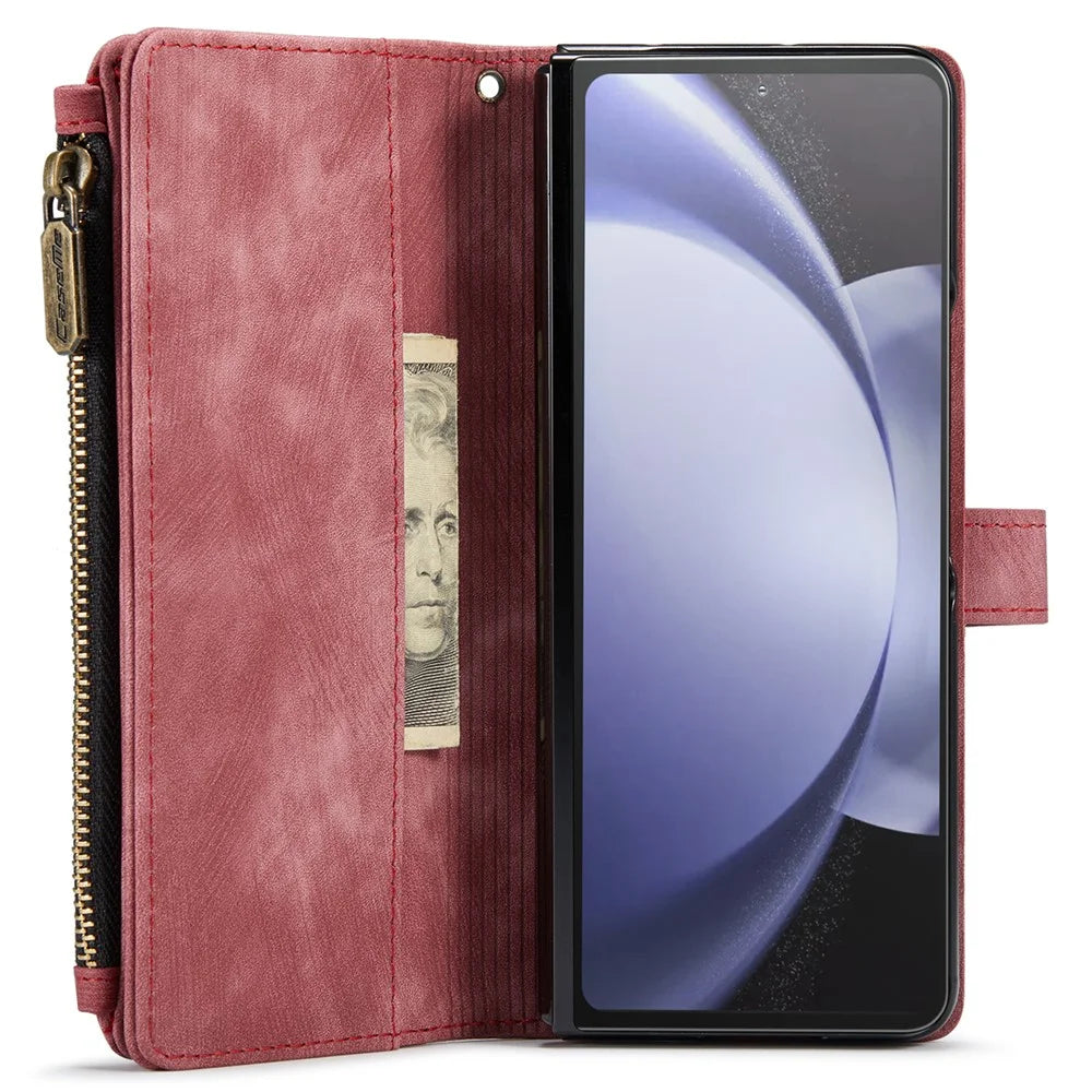 For Samsung Galaxy Z Fold6 5G Phone Cases with Strap CASEME C30 Zipper Multiple Card Holder PU Leather Cover - Red - 3