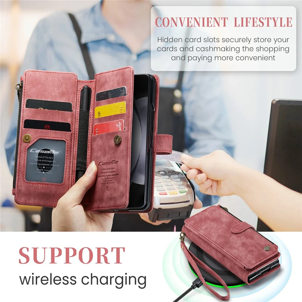 For Samsung Galaxy Z Fold6 5G Phone Cases with Strap CASEME C30 Zipper Multiple Card Holder PU Leather Cover - Red - 6