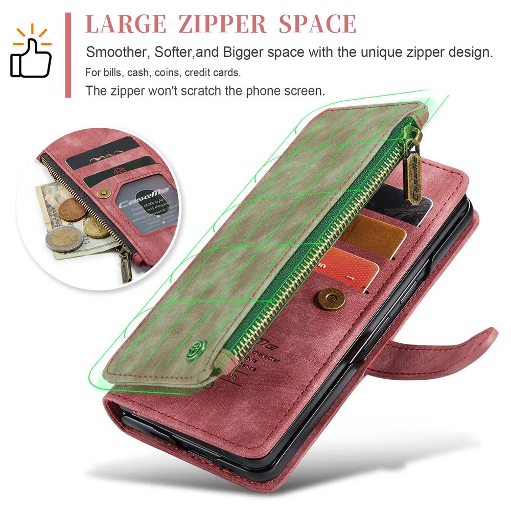 For Samsung Galaxy Z Fold6 5G Phone Cases with Strap CASEME C30 Zipper Multiple Card Holder PU Leather Cover - Red - 7