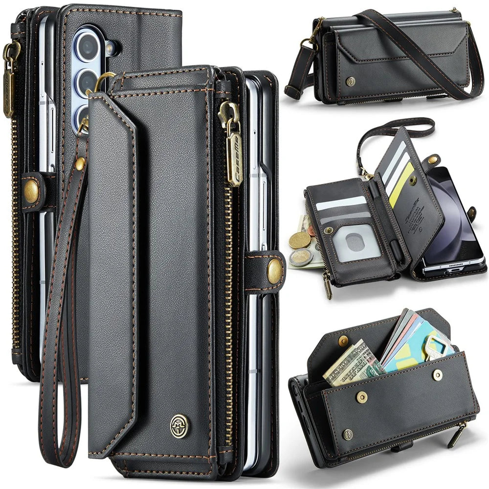 For Samsung Galaxy Z Fold6 5G Leather Case CASEME C36 Zipper Multiple Card Slots Phone Cover with Straps -  Black - 1
