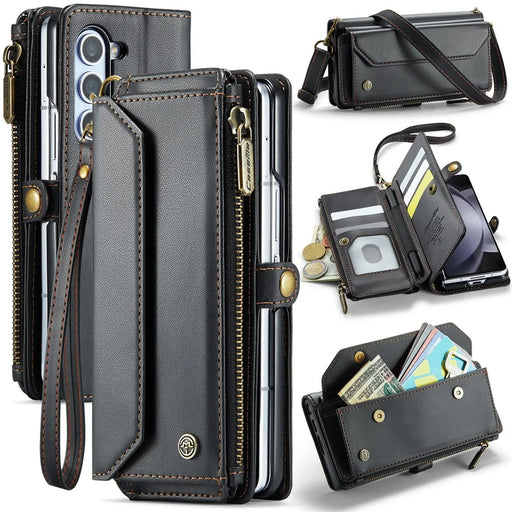 For Samsung Galaxy Z Fold6 5G Leather Case CASEME C36 Zipper Multiple Card Slots Phone Cover with Straps -  Black - 1