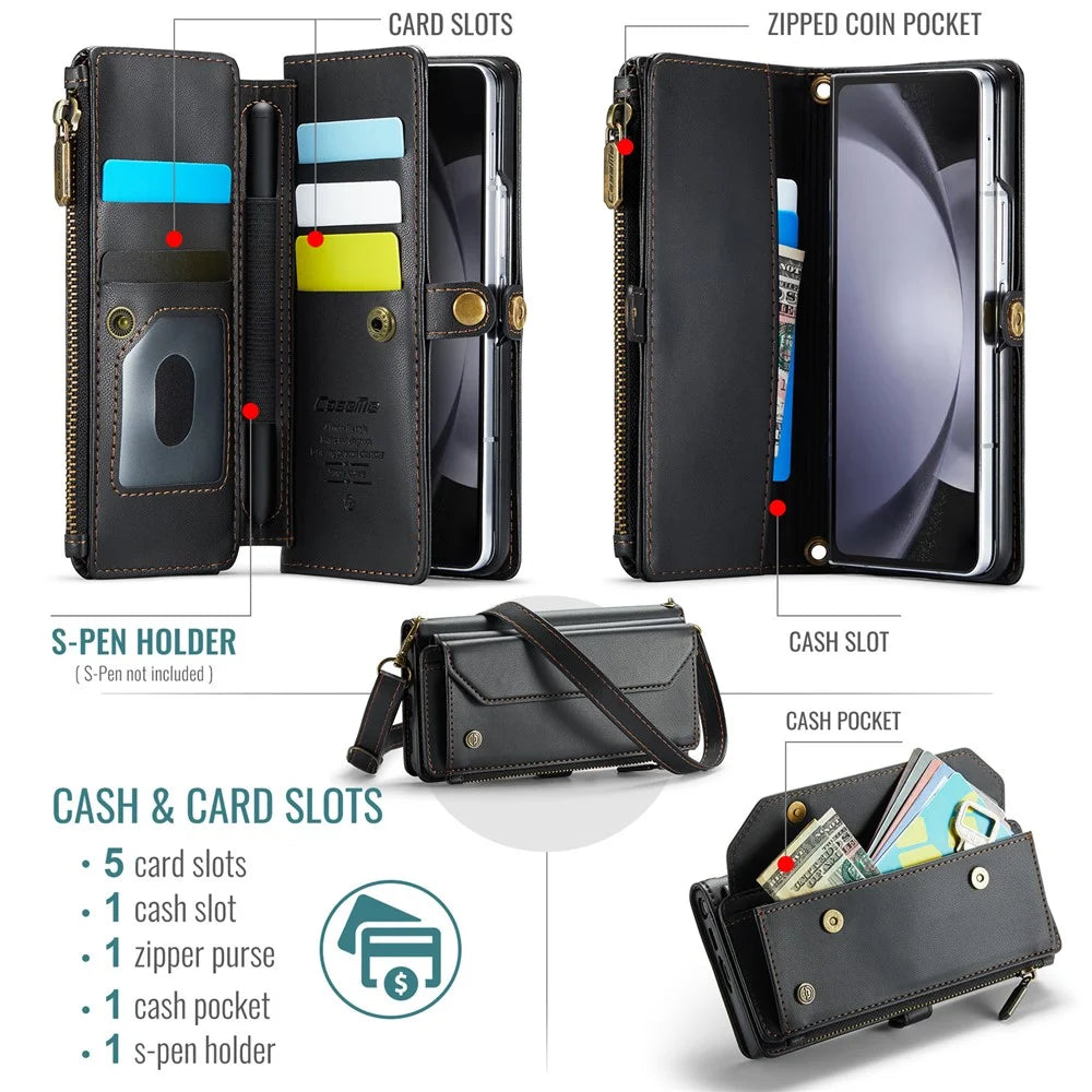 For Samsung Galaxy Z Fold6 5G Leather Case CASEME C36 Zipper Multiple Card Slots Phone Cover with Straps -  Black - 6