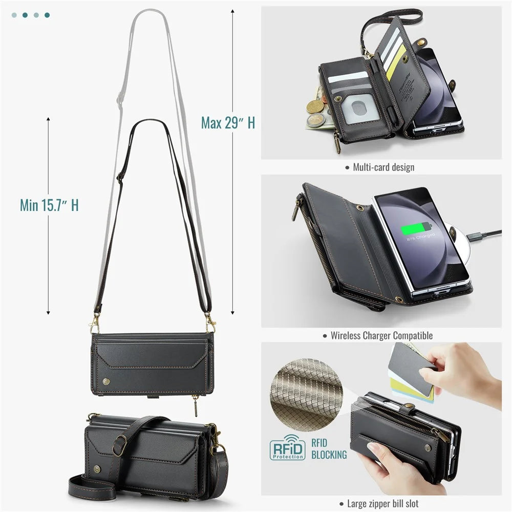 For Samsung Galaxy Z Fold6 5G Leather Case CASEME C36 Zipper Multiple Card Slots Phone Cover with Straps -  Black - 7