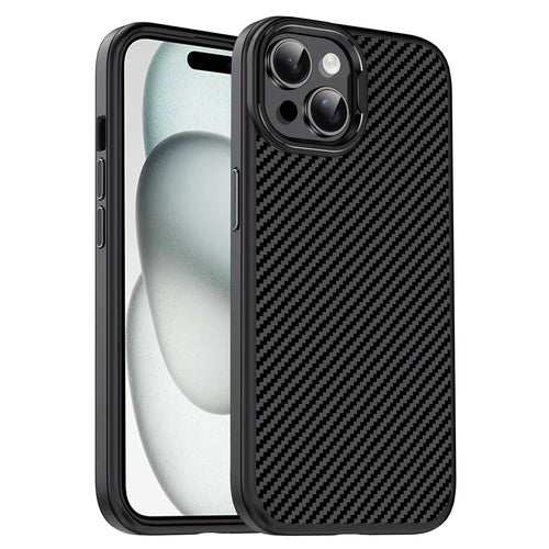 IPAKY For iPhone 15 Plus TPU Case Carbon Fiber Texture Phone Cover Metal Lens Frame - Black - 1