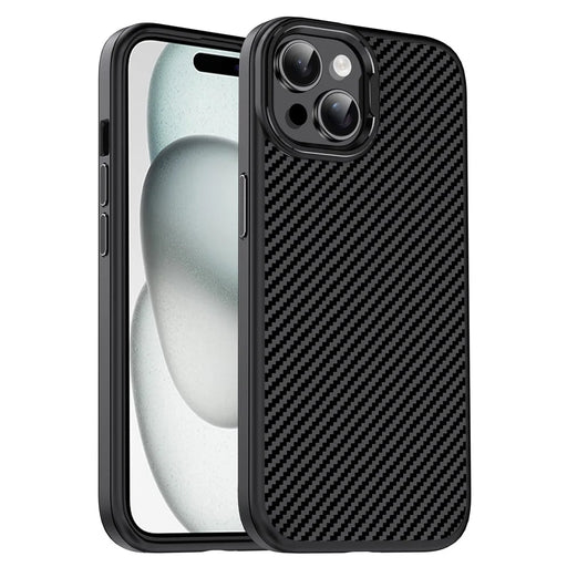 IPAKY For iPhone 15 Plus TPU Case Carbon Fiber Texture Phone Cover Metal Lens Frame - Black - 1