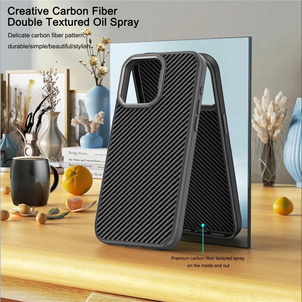 IPAKY For iPhone 15 Plus TPU Case Carbon Fiber Texture Phone Cover Metal Lens Frame - Black - 6
