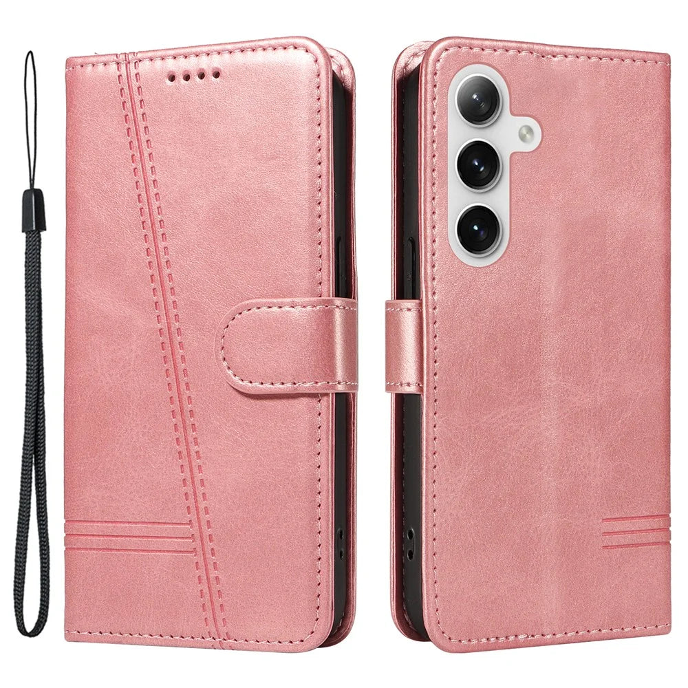 For Samsung Galaxy S25+ / S24+ Leather Case Wallet Phone Cover T-Shaped Lines - Rose Gold - 1