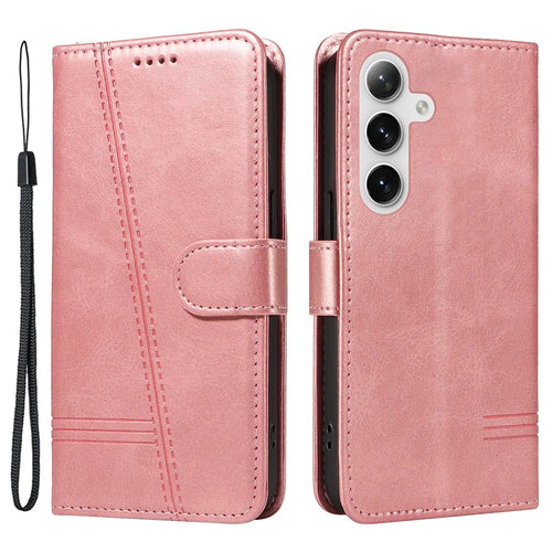 For Samsung Galaxy S25+ / S24+ Leather Case Wallet Phone Cover T-Shaped Lines - Rose Gold - 1