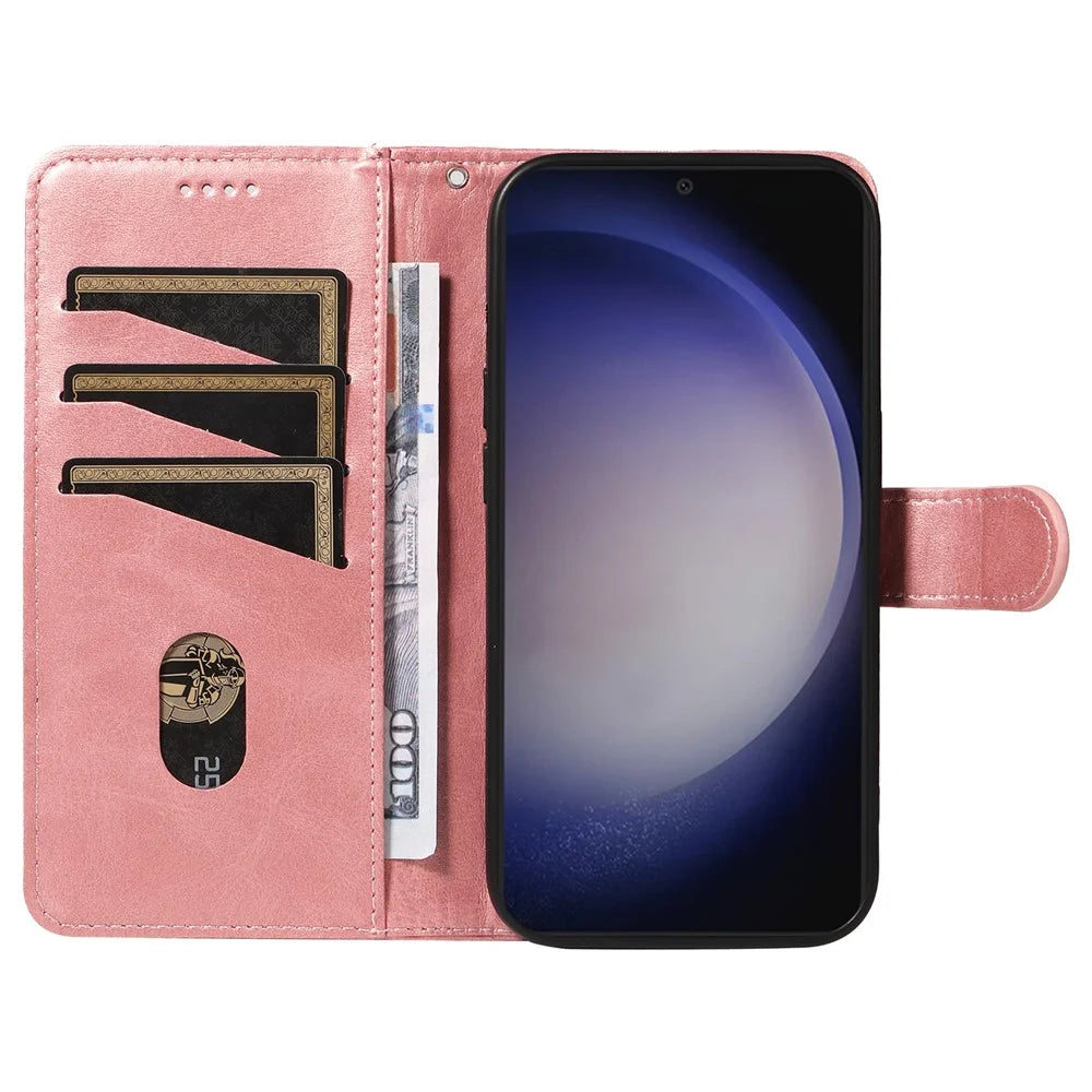 For Samsung Galaxy S25+ / S24+ Leather Case Wallet Phone Cover T-Shaped Lines - Rose Gold - 2