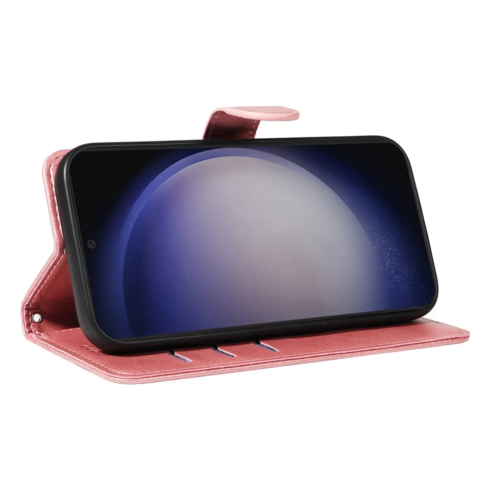For Samsung Galaxy S25+ / S24+ Leather Case Wallet Phone Cover T-Shaped Lines - Rose Gold - 3