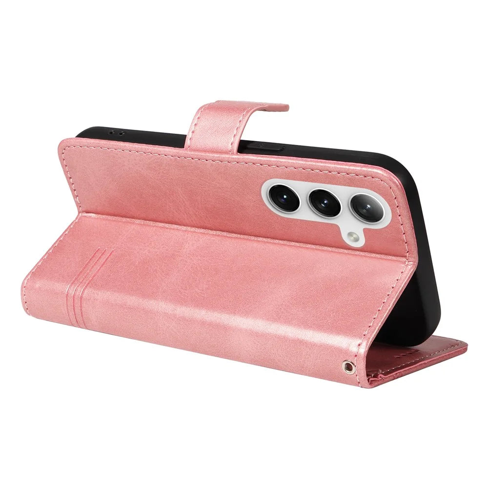 For Samsung Galaxy S25+ / S24+ Leather Case Wallet Phone Cover T-Shaped Lines - Rose Gold - 4