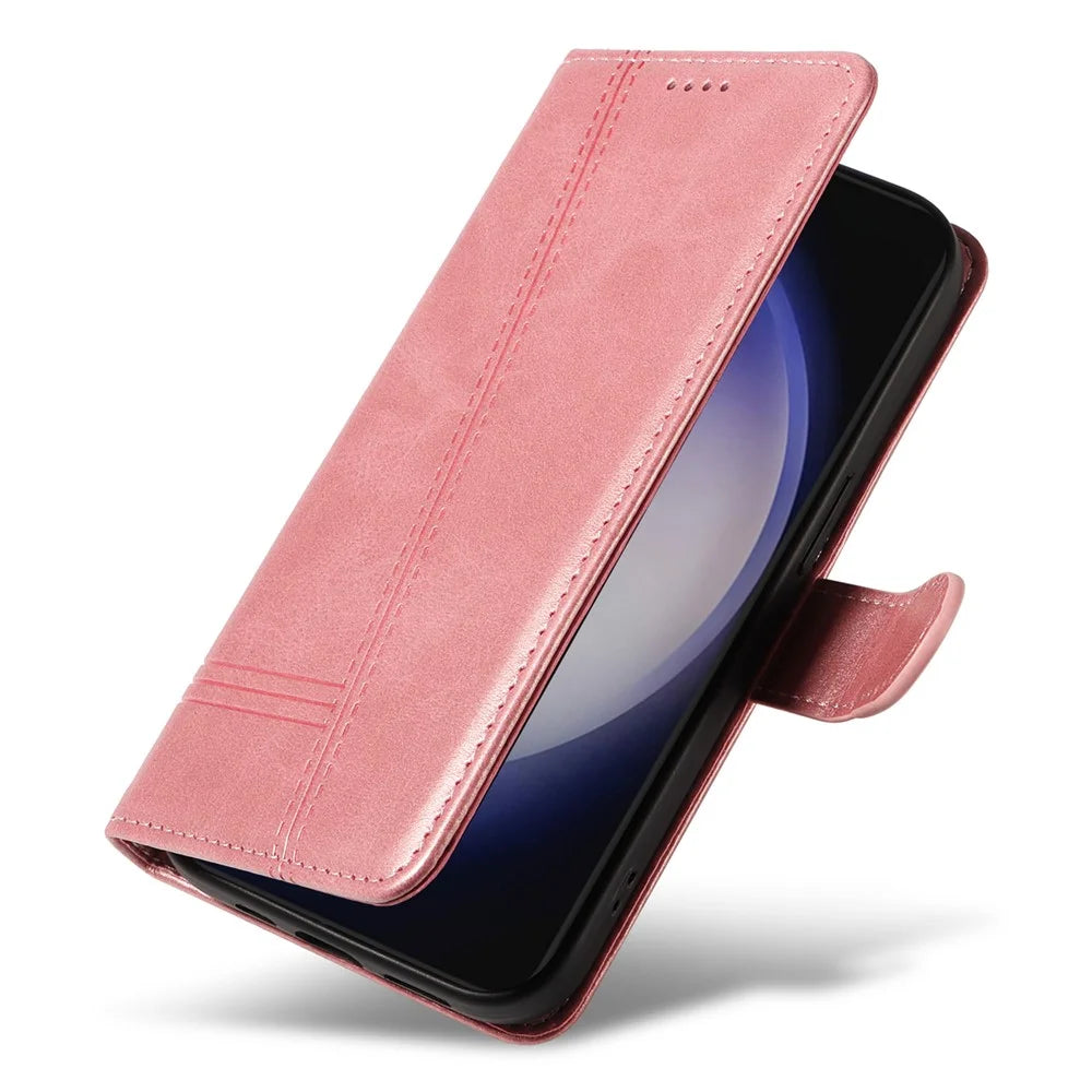 For Samsung Galaxy S25+ / S24+ Leather Case Wallet Phone Cover T-Shaped Lines - Rose Gold - 5