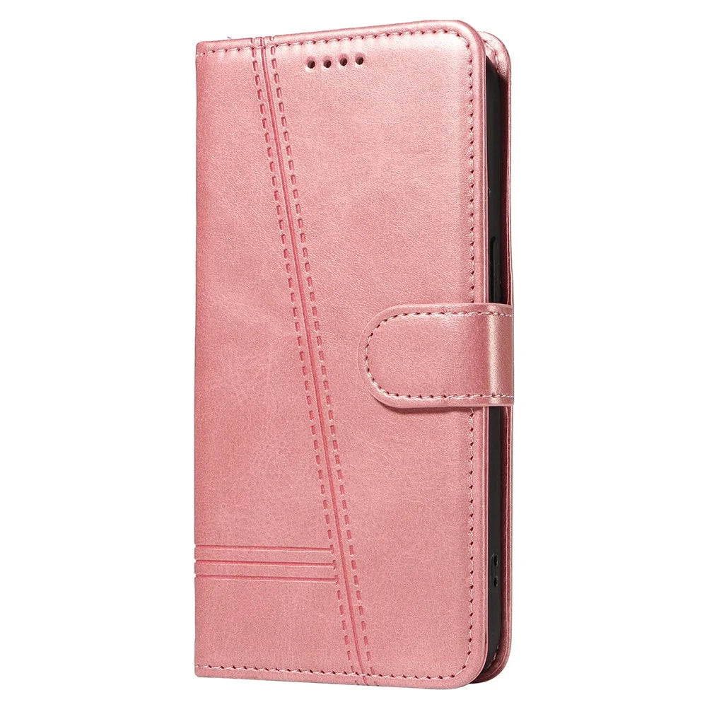 For Samsung Galaxy S25+ / S24+ Leather Case Wallet Phone Cover T-Shaped Lines - Rose Gold - 6