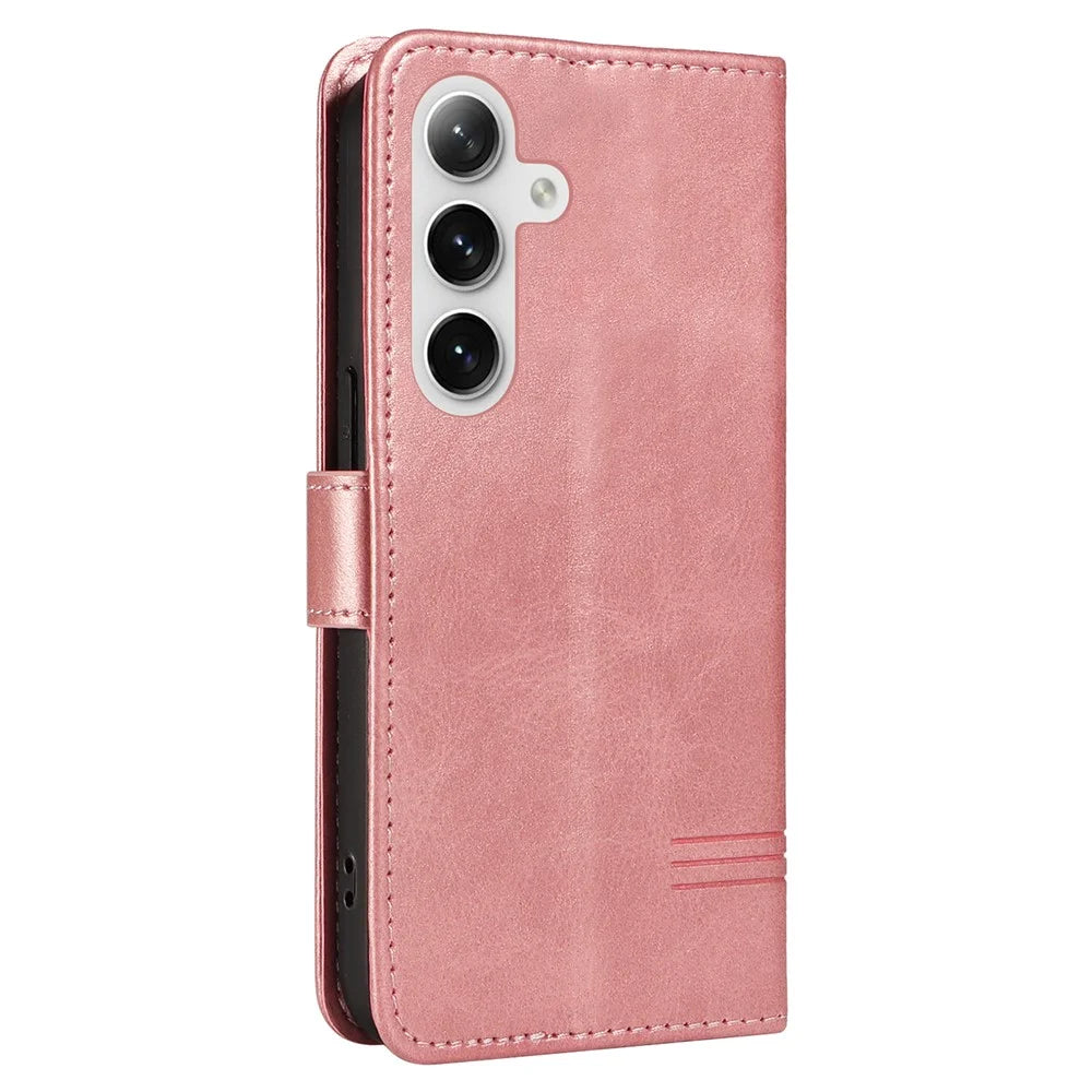 For Samsung Galaxy S25+ / S24+ Leather Case Wallet Phone Cover T-Shaped Lines - Rose Gold - 7