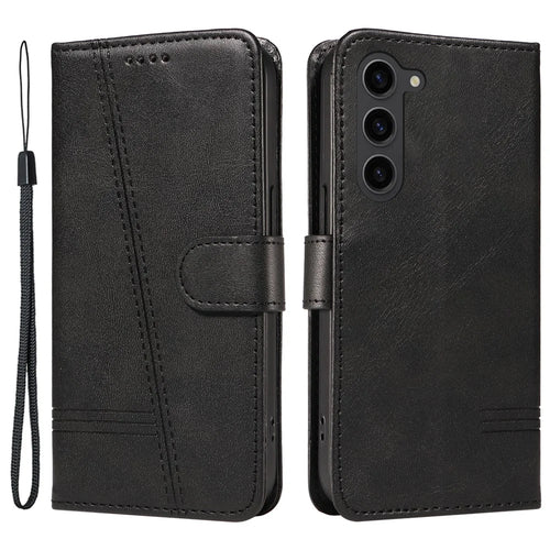 For Samsung Galaxy S23 Case Wallet Flip Leather Phone Cover T-Shaped Lines - Black - 1